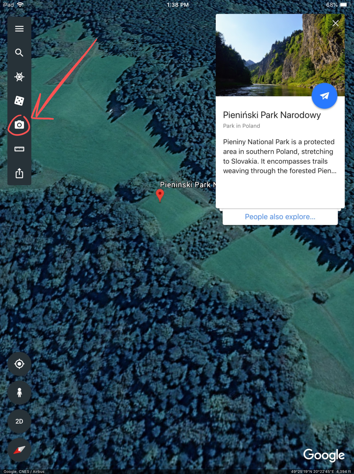The camera icon in the Google Earth iPad app.