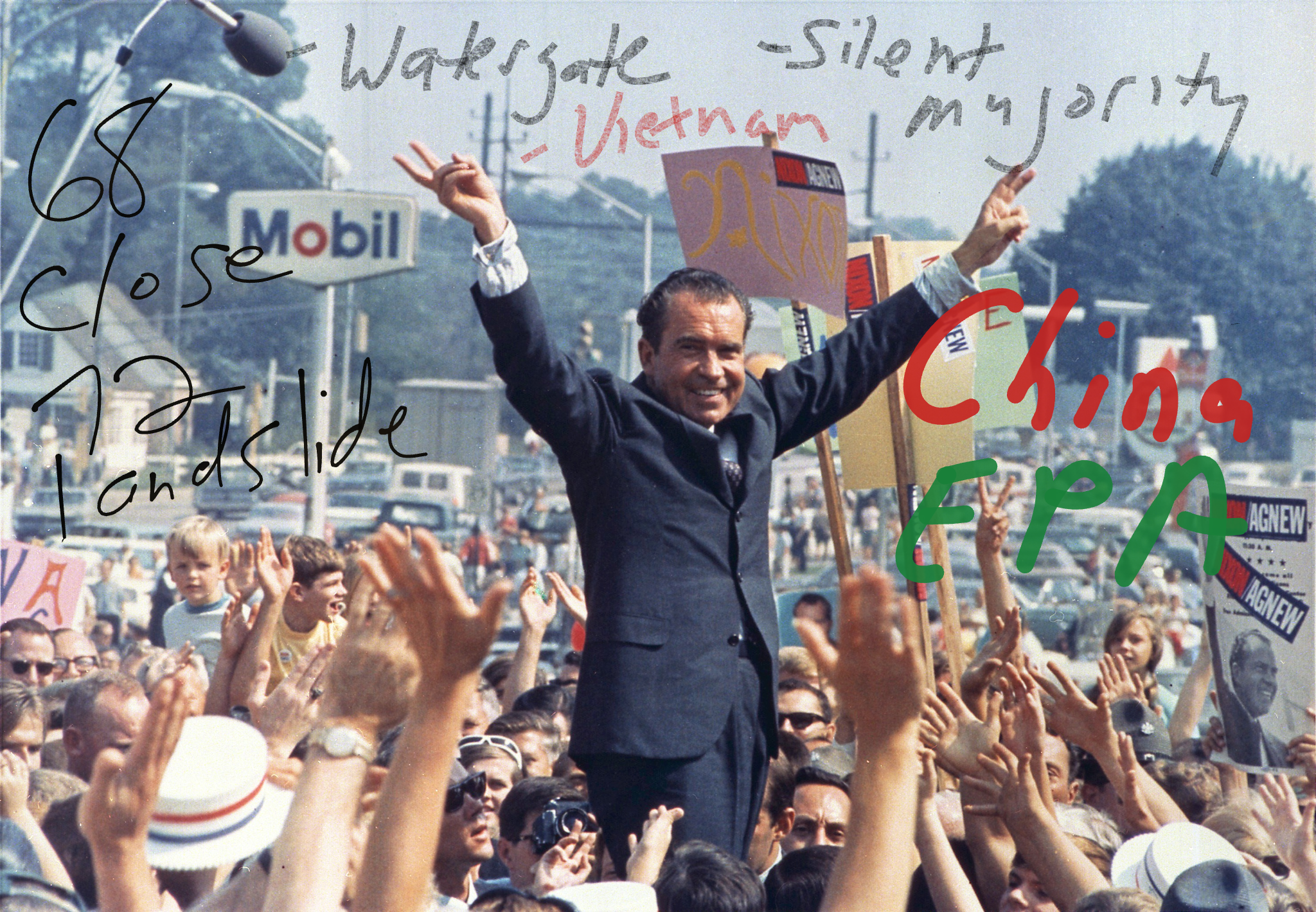 Richard Nixon image with quick annotations about his elections, Watergate, Vietnam, China, and the EPA.