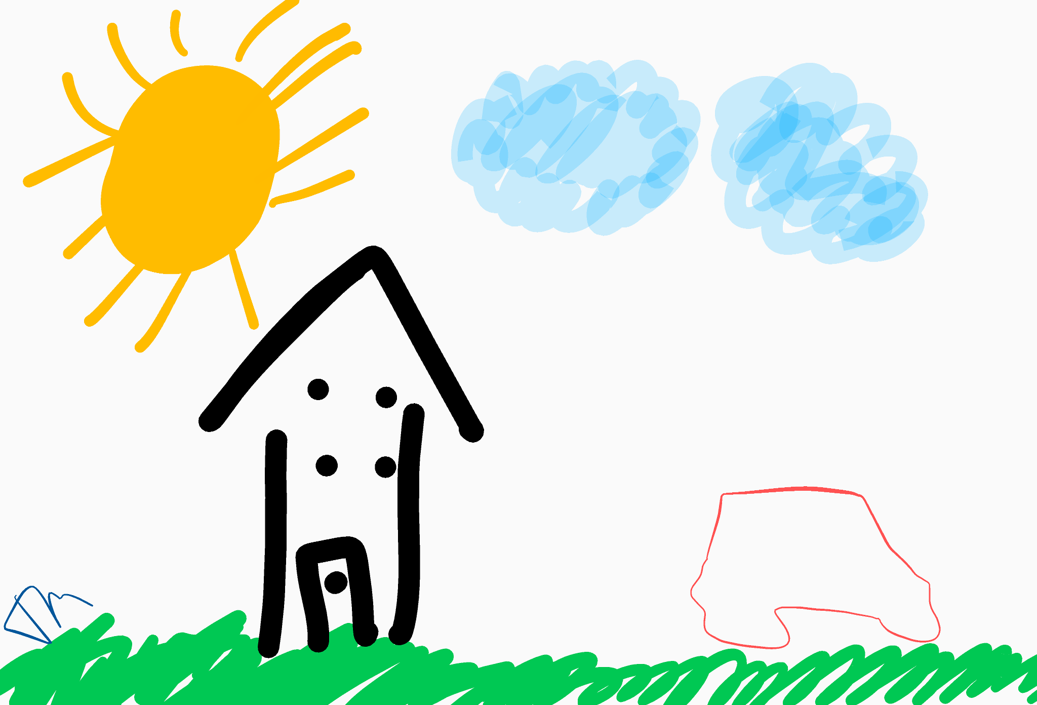 Sketch of a house and car on a sunny day.
