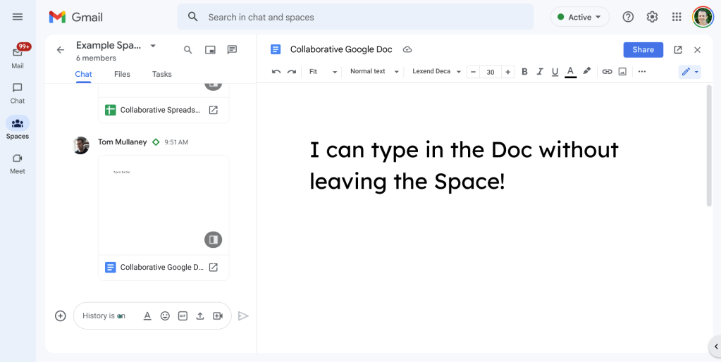 Editing a Google Doc in a Space. The words in the Google Doc read, "I can type in the Doc without leaving the Space!"