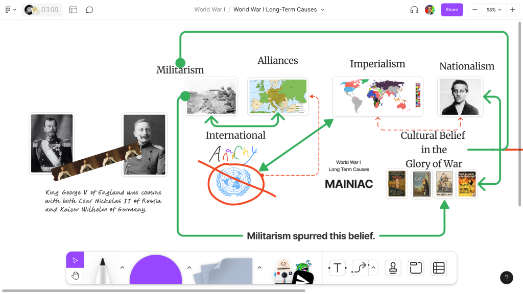 A FigJam with content about World War I’s long-term causes. FigJam connectors are used to connect causes. Washi tape with an image of King George V of England connects Czar Nicholas II of Russia and Kaiser Wilhelm of Germany.