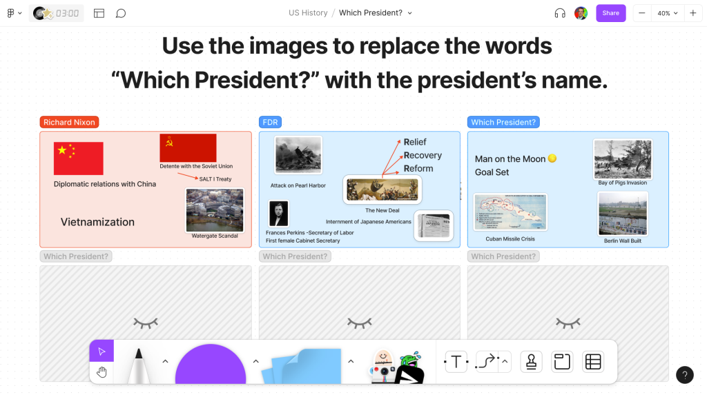 A FigJam with the prompt, “Use the images to replace the words “Which President?” with the president’s name.” Sections labeled “Richard Nixon” and “FDR” are visible. There is a section labeled “Which President?” with content including “Man on the Moon Goal Set,” “Bay of Pigs Invasion,” Cuban Missile Crisis,” and “Berlin Wall Built.” There are three hidden sections.