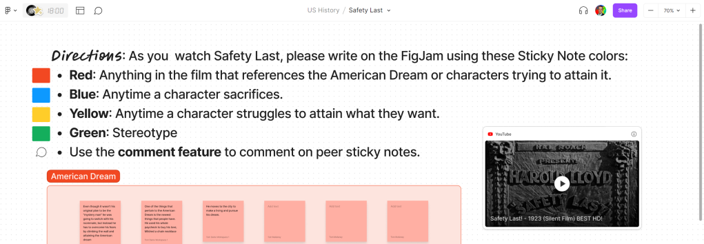 A YouTube video in a FigJam. There are instructions for students to add sticky notes based on what they see in the video.
